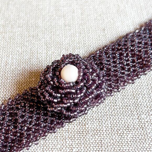 Purple Handbeaded Beadwork Rosette Bracelet - Picture 3 of 5